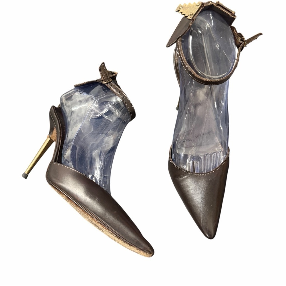 Manolo Blahnik‎ Dark Brown Stiletto Heels ankle hardware metal heel size 37 1/2